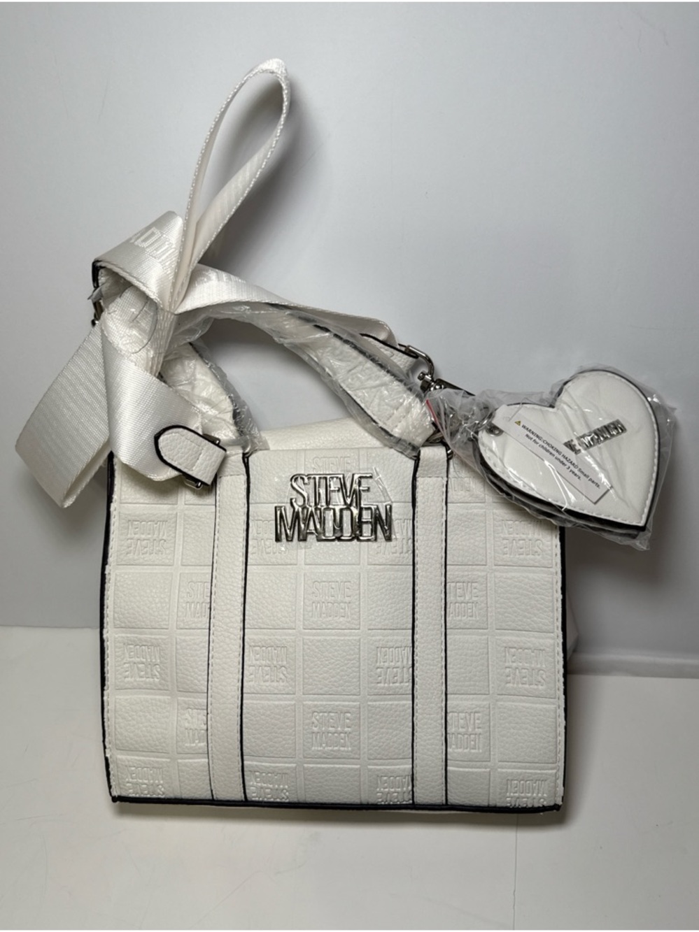 Steve Madden White Mini Tote Crossbody Bag Textured Logo Bow Strap Charm New